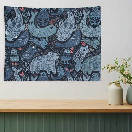 Arctic Animals. Narwhal, Polar Bear, Whale, Puffin, Owl, Fox, Bunny, Seal. Tapestry