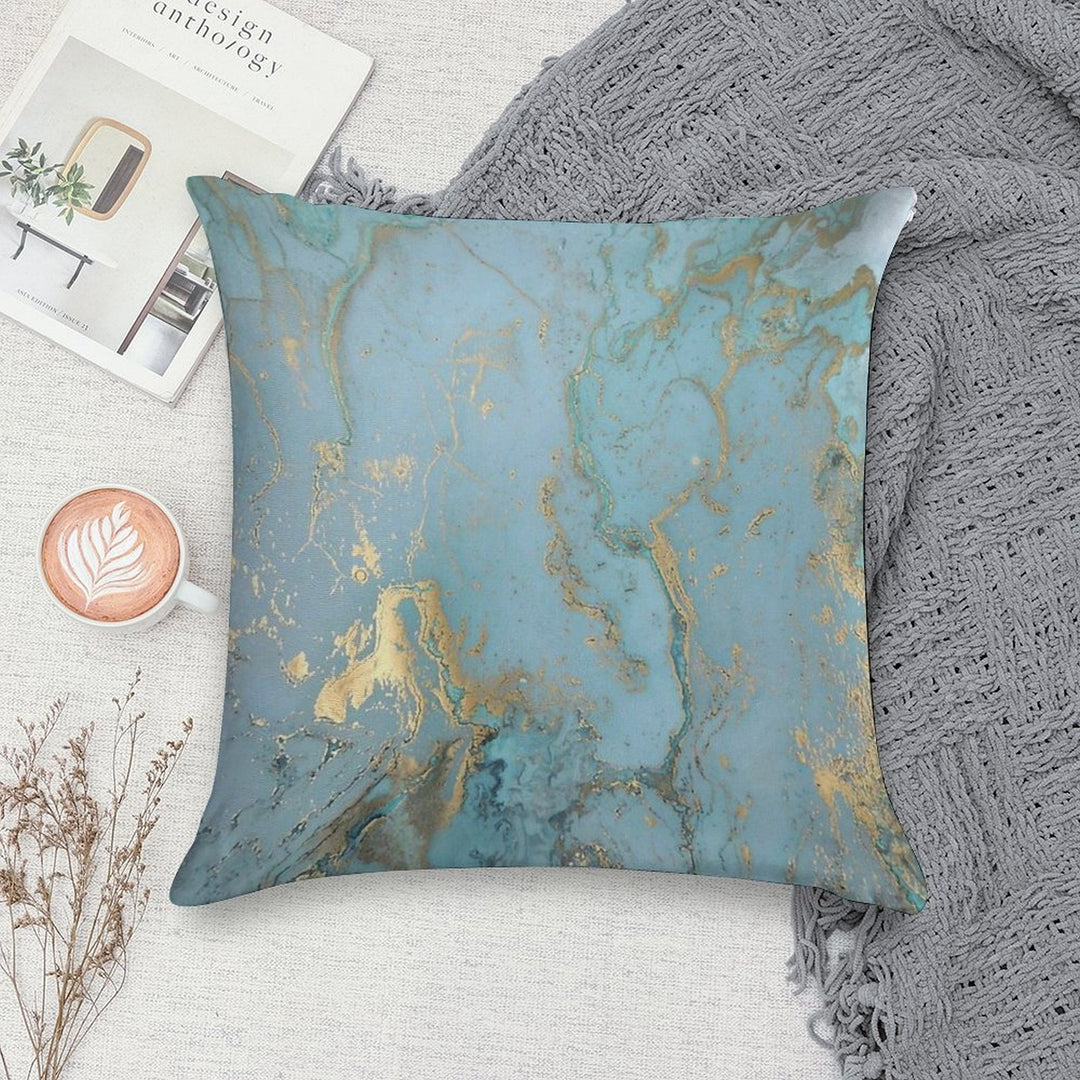 Marble Design - Gold Effect - Turquoise Blue, Teal Marbling Soft Hidden Zipper Throw Pillow