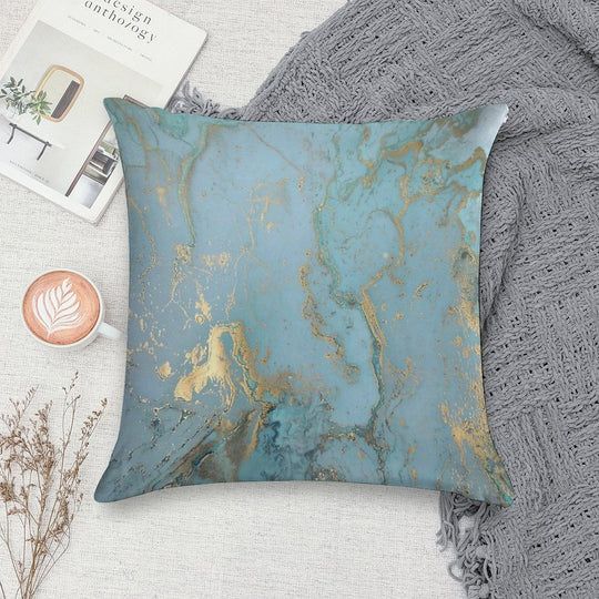 Marble Design - Gold Effect - Turquoise Blue, Teal Marbling Soft Hidden Zipper Throw Pillow