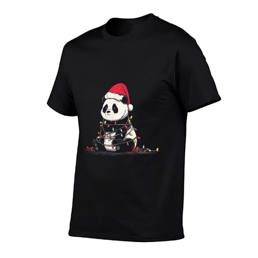 Funny Panda Christmas Graphics Animal Lights Lover  Fade-proof Color T-Shirt