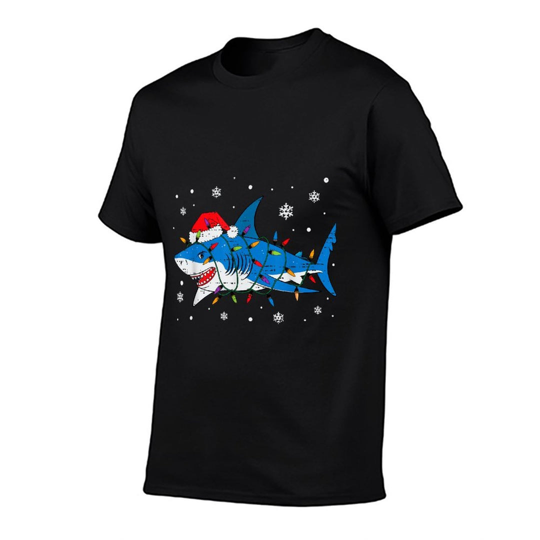 Shark Santa Hat Christmas Lights Xmas Pajama Men Women Kids  Versatile T-Shirt