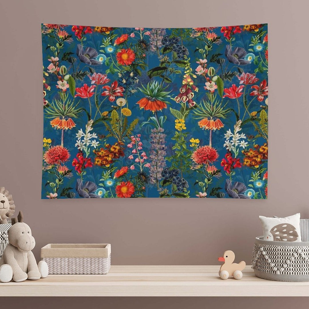 Vintage Blue Springflower Meadow Botanical Night Garden Tapestry