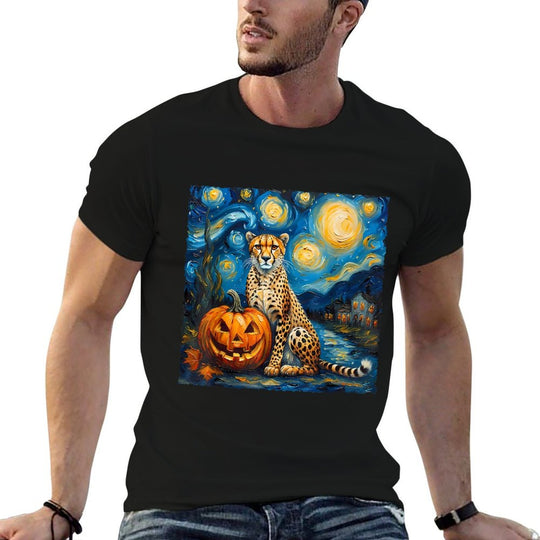 Cheetah Pumpkin Van Goghs The Starry Night Halloween Style  Summer-ready Fabric T-Shirt