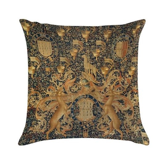 Gold Navy Blue Antique Heraldic Tapestry with Harts,Armorial Bearings Badges of John Soft Home Decor Throw Pillow