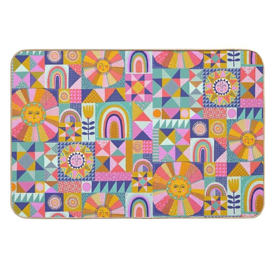 Sunny Patchwork with Aqua Blue  Long-Lasting Bath Mat