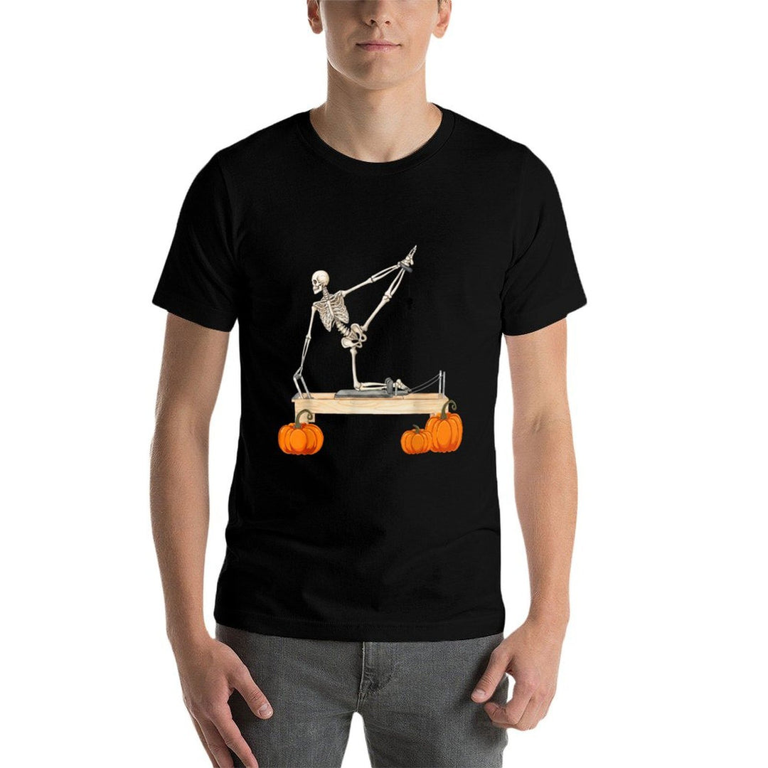 Skeleton Doing Reformer Pilates Machine Pumpkin Halloween  Polyester Blend T-Shirt