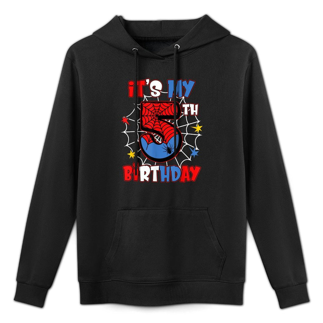 Kids It&#39;s My 5th Birthday Spider Theme Party 5 Years Old Medium-Weight Fabric Hoodie