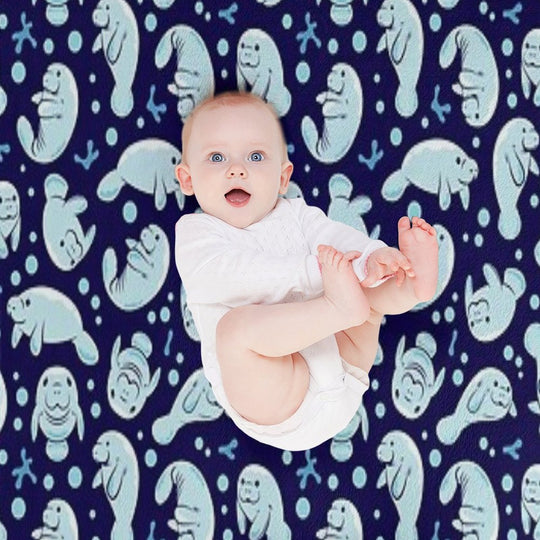 Cute Manatee Pattern - Blue Underwater Pattern Travel-friendly Throw Blanket