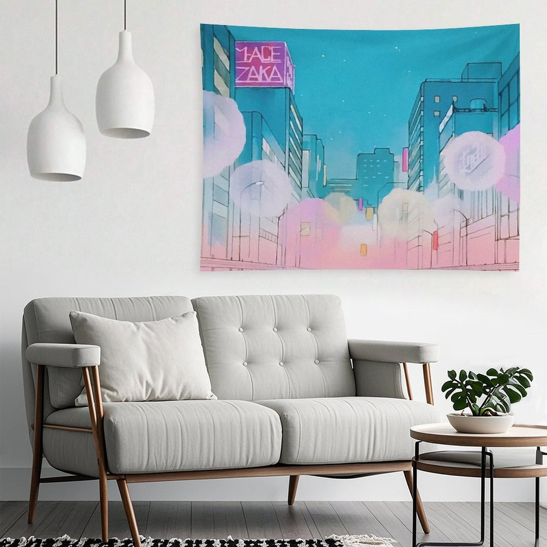 Vintage Anime City Background Tapestry