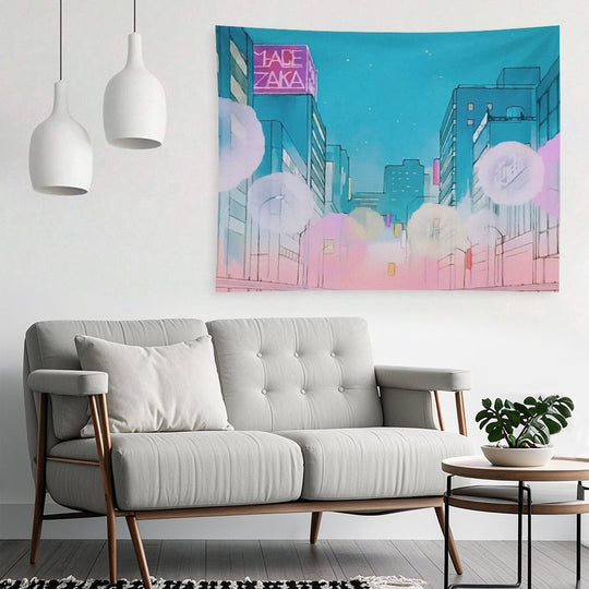 Vintage Anime City Background Tapestry