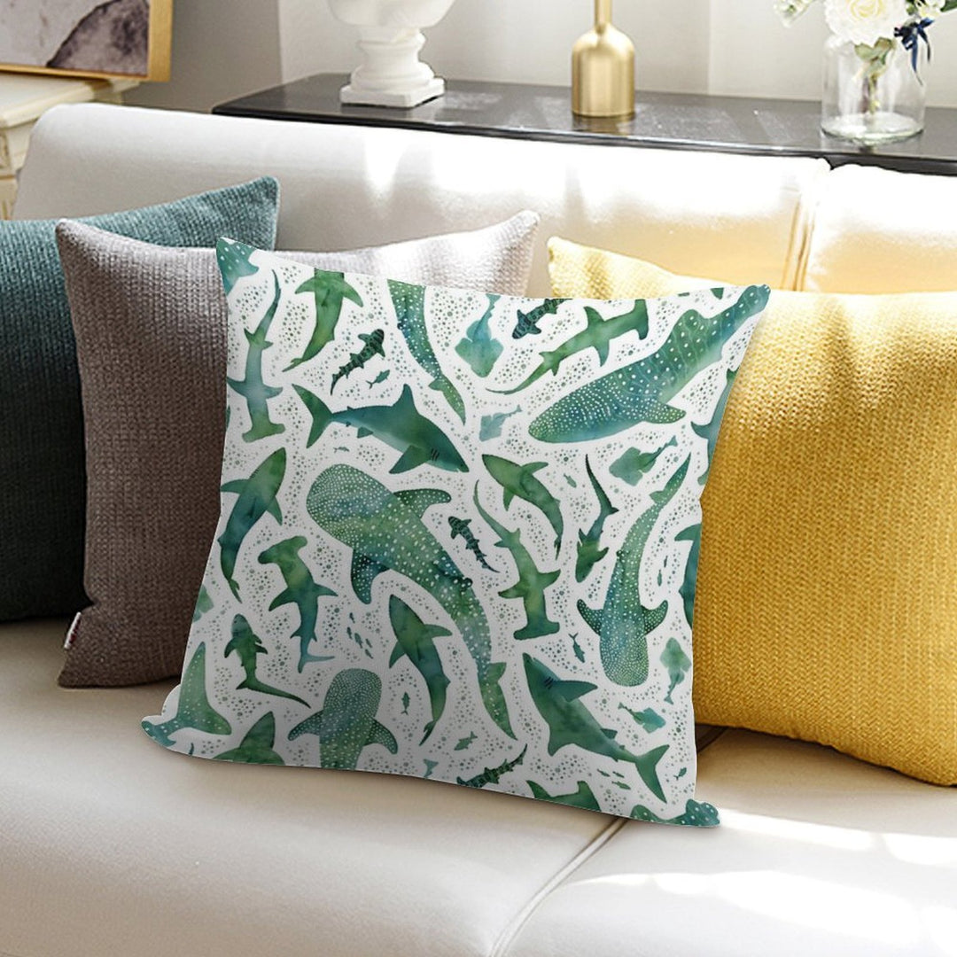 Monochrome Green Watercolour Shark Ocean on White Soft Fade-Resistant Throw Pillow