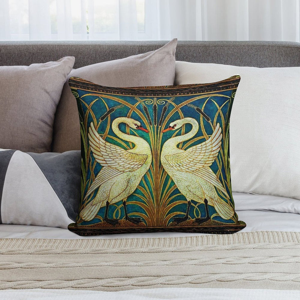 TWO WHITE SWANS AMONG REEDS IN BLUE Art Nouveau Animals Soft Washable Throw Pillow