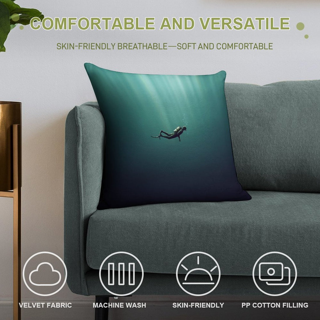 Underwater Scuba Diver in A Dark Lake Soft Luxury Feel Throw Pillow