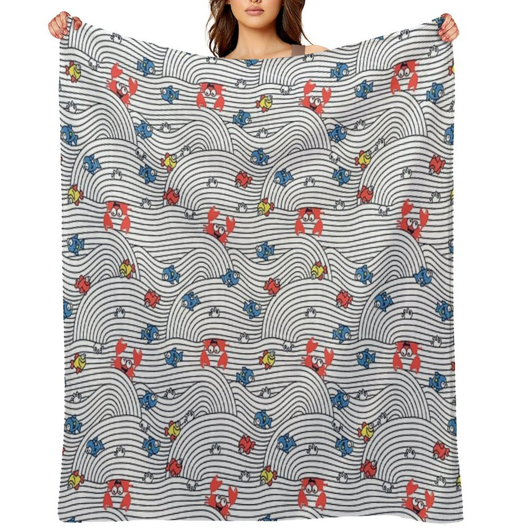 Grafic Waves from Stripes with Fish And Crabs. Sea Seamless Pattern. Plush Throw Blanket