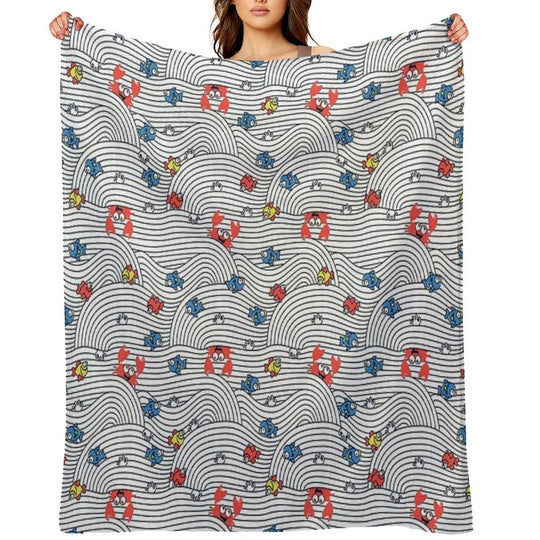 Grafic Waves from Stripes with Fish And Crabs. Sea Seamless Pattern. Plush Throw Blanket
