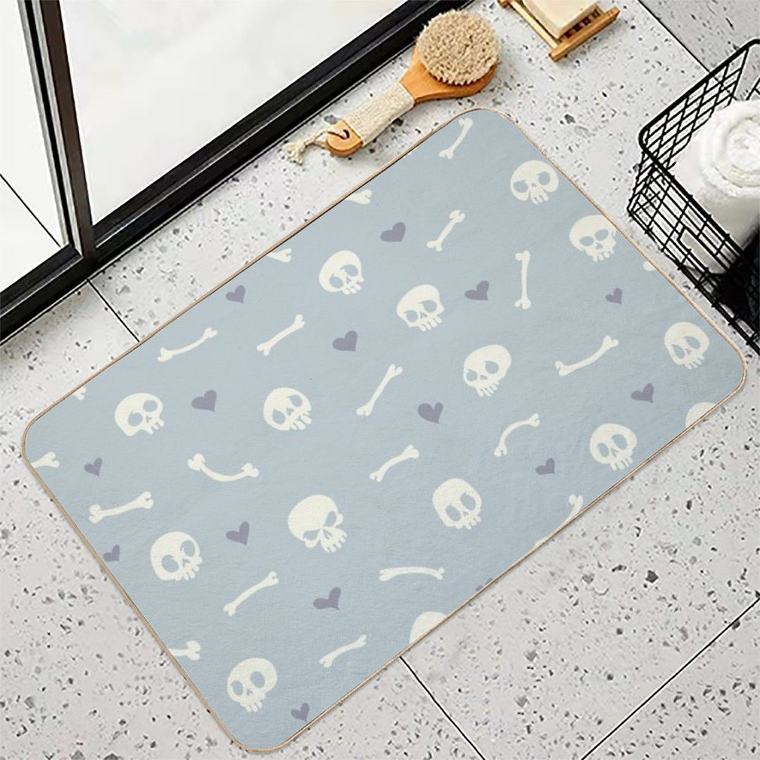 Cartoon Skulls with Hearts on Light Blue Background Seamless Pattern  Long-Lasting Bath Mat
