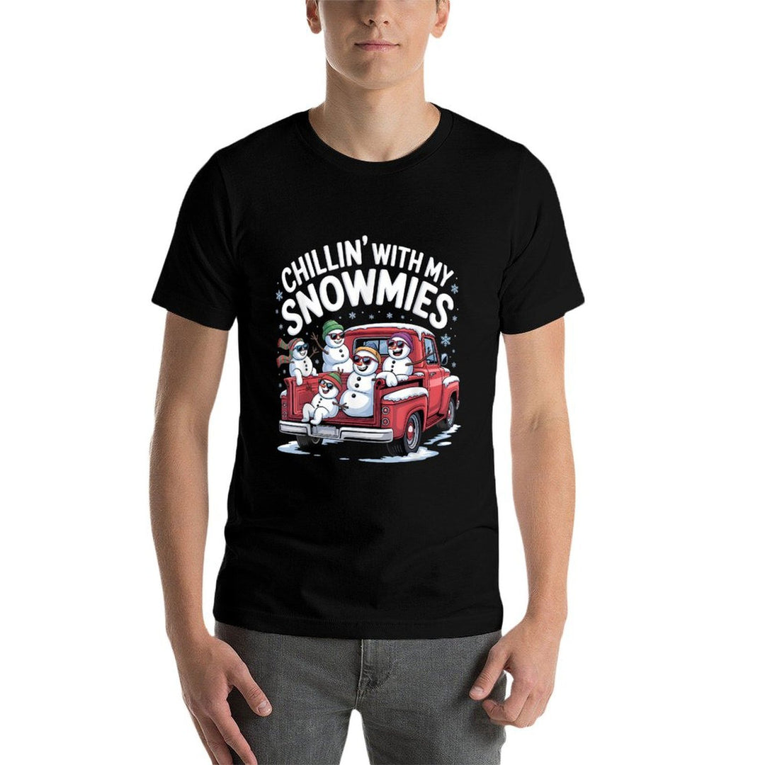 Chillin with My Snowmies Pickup Truck Snowman Christmas  Ribbed Collar T-Shirt