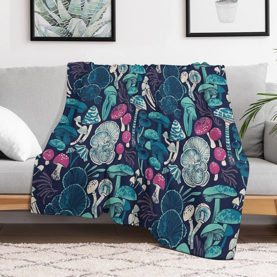 Mystical Fungi  Midnight Blue Background Mint Teal And Dark Pink Wild Mushrooms Easy Care Throw Blanket