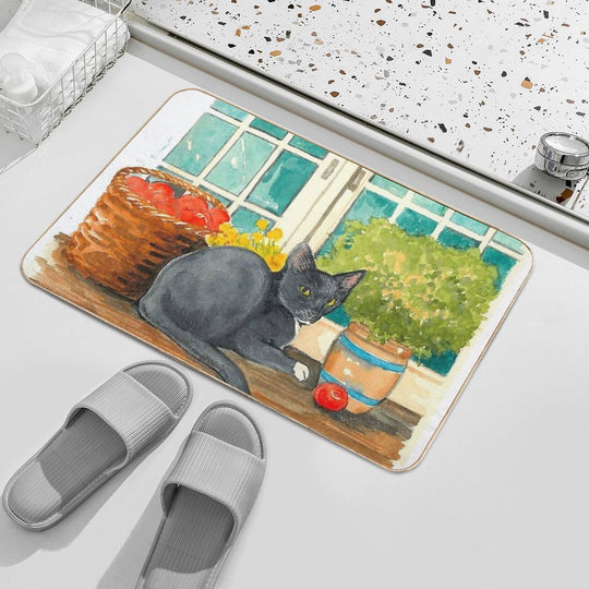 Black Cat on A Sunny Windowsill – Cozy Cottage Illustration  Fade-Resistant Bath Mat