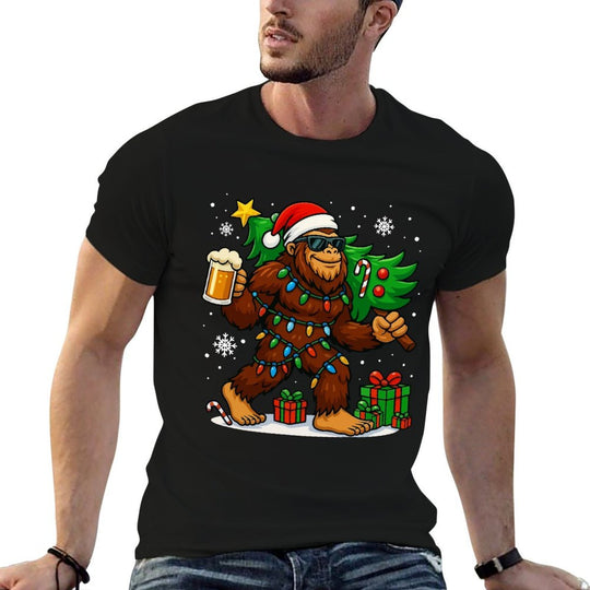 Funny Bigfoot Santa Christmas Tree Drink Beer Xmas Sasquatch Comfortable T-Shirt