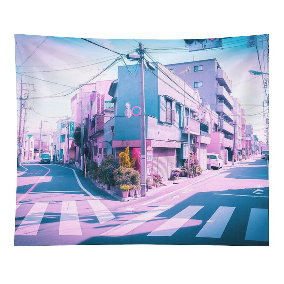 Anime in Real Life Vaporwave Summer Day in Tokyo Residential Area Tapestry