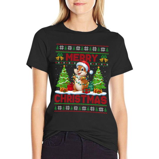 Xmas Tree Ugly Style Santa Hat Chipmunk Christmas  Slim-fit Cut T-Shirt