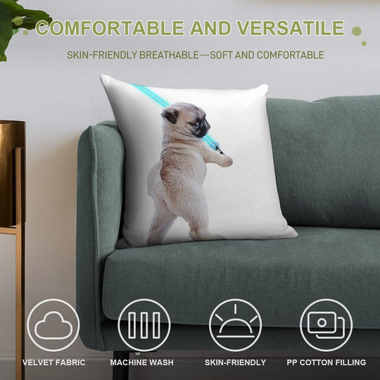 Pug with Lightsaber Soft Durable Construction Throw Pillow