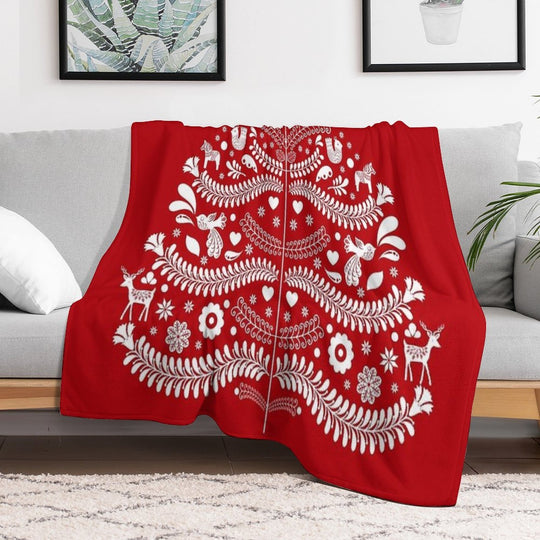 White Scandinavian Christmas Tree on Red Versatility Throw Blanket