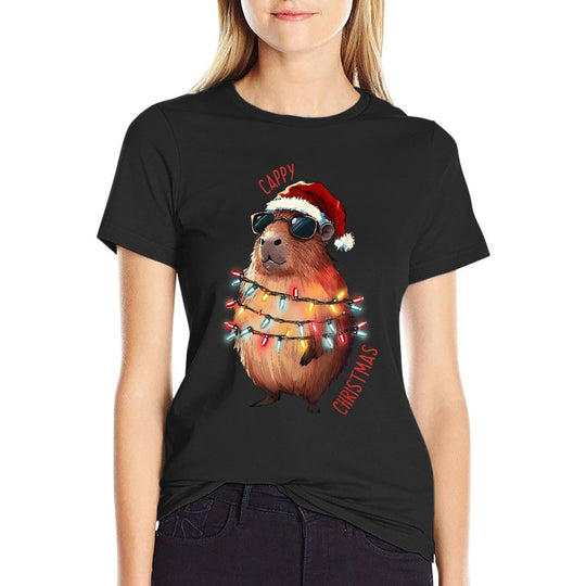 Cute Capybara Christmas Lights With Sunglass Animal Lover  Oversized Silhouette T-Shirt