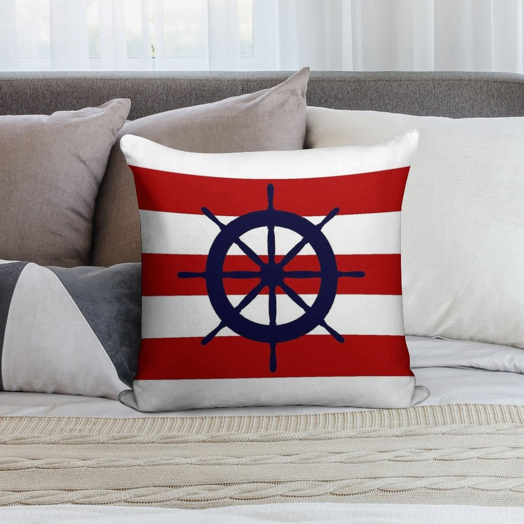 Nautical Navy Blue Ship's Steering Wheel On Red Stripes Soft Fade-Resistant Throw Pillow