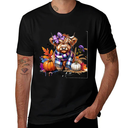 Hay Fall Highland Cow Fall Leaves Pumpkin Halloween  Summer-ready Fabric T-Shirt