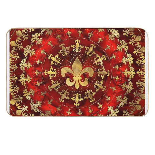 Fleur-de-lis Ornament Red Marble And Gold  Long-Lasting Bath Mat