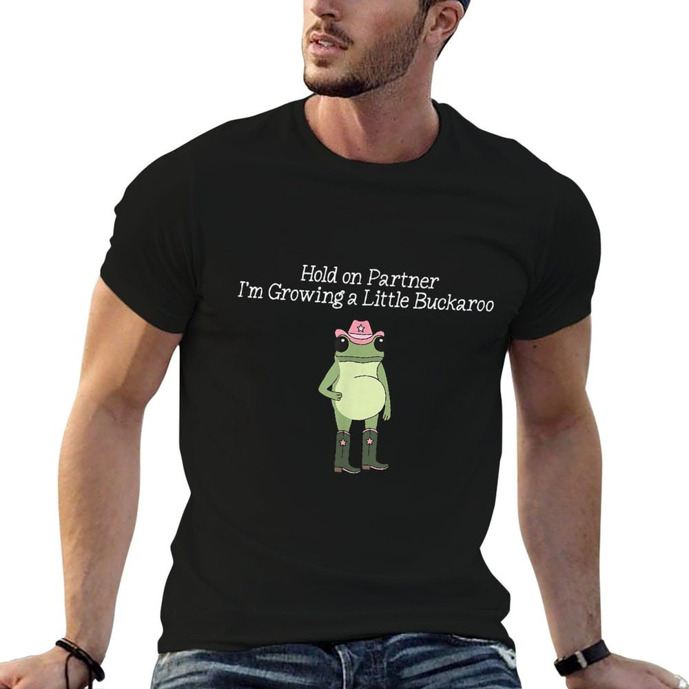 Hold On Partner Im Growing A Little Buckaroo Frog Pregnancy  Eco-friendly Material T-Shirt