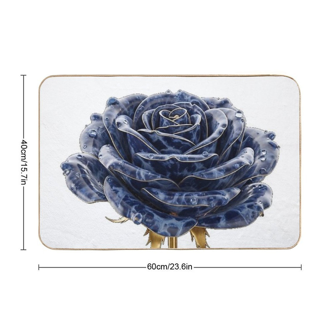 Blue Lapis Lazuli Rose with Golden Tiger Leaves  Easy To Clean Bath Mat