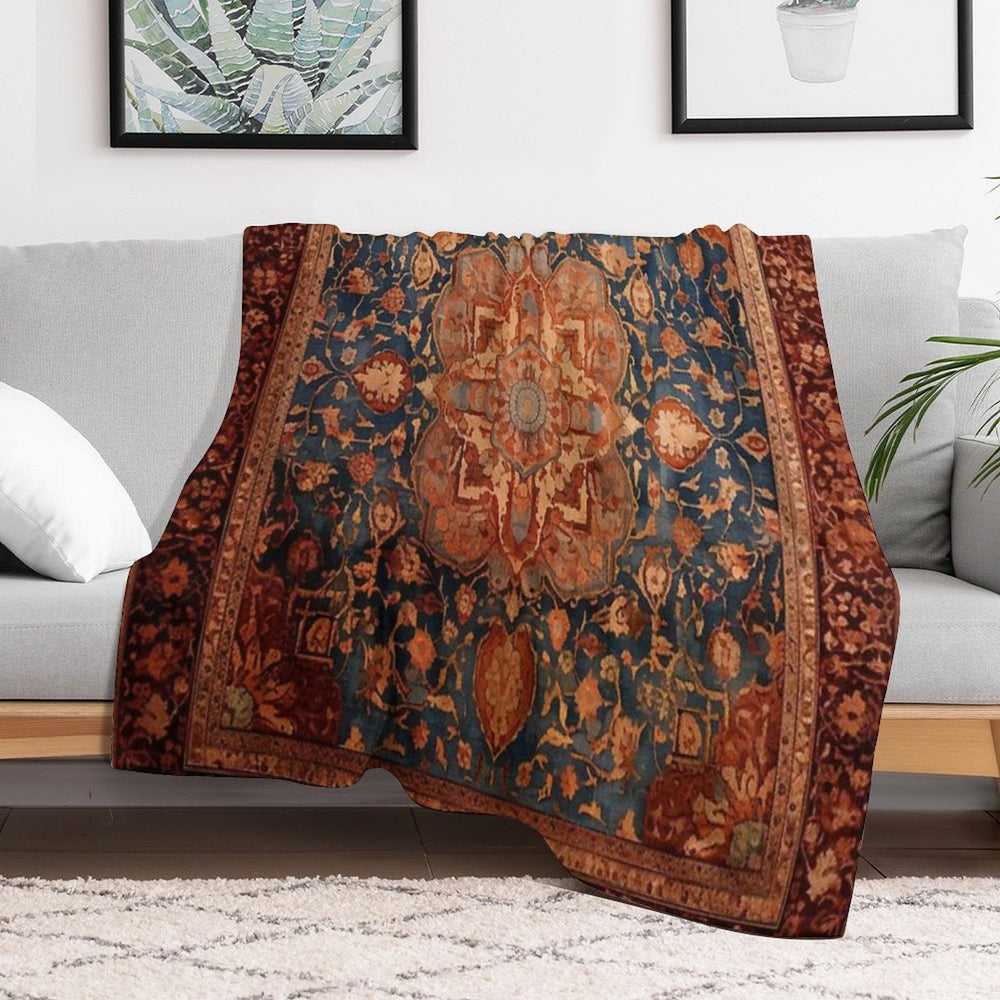 Antique Persian Rug Blue And Ginger Plush Throw Blanket