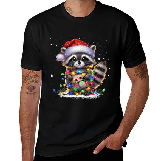 Christmas Racoon Funny Christmas Lights Raccoon Holiday  Rolled Sleeves T-Shirt