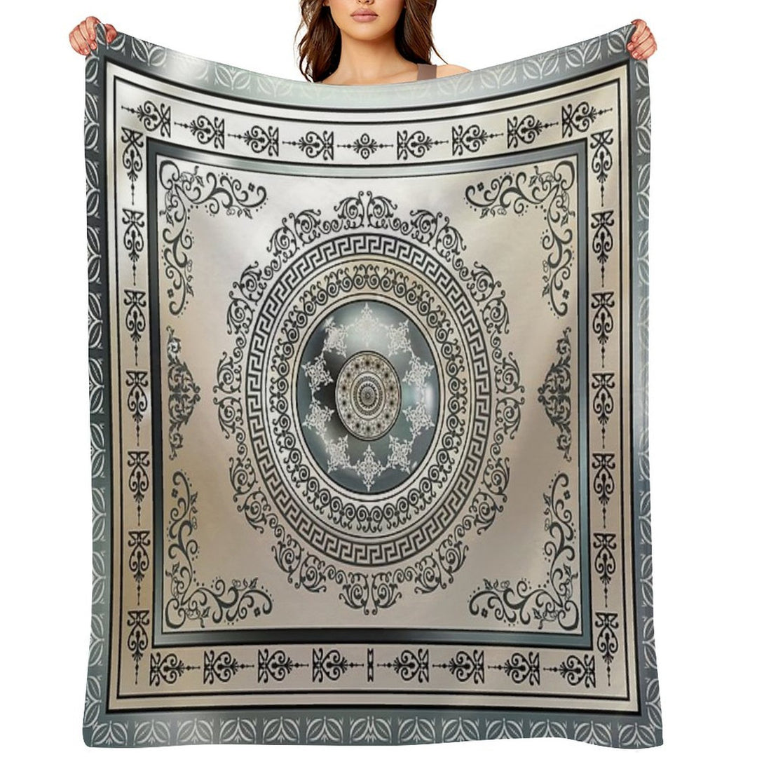 Ornate Greek Key Meander Green And Cream Medallion Machine-washable Throw Blanket