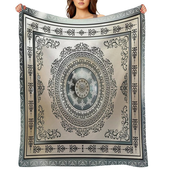 Ornate Greek Key Meander Green And Cream Medallion Machine-washable Throw Blanket