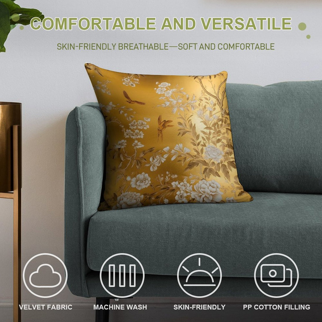 Gold Chinoiserie Floral Soft Reinforced Edging Throw Pillow