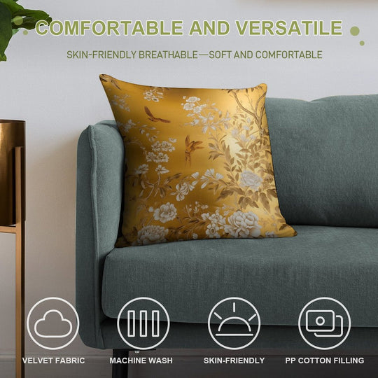 Gold Chinoiserie Floral Soft Reinforced Edging Throw Pillow