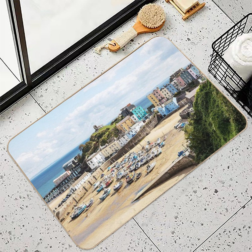 Pastel Houses, Tenby, Wales  Long-Lasting Bath Mat