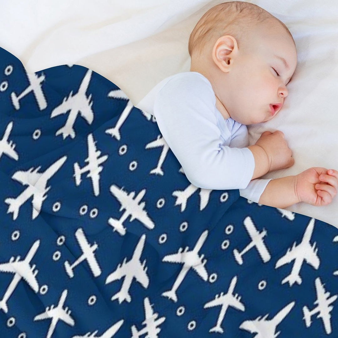 Blue And White Aeroplanes Silhouette Pattern Wrinkle-free Throw Blanket