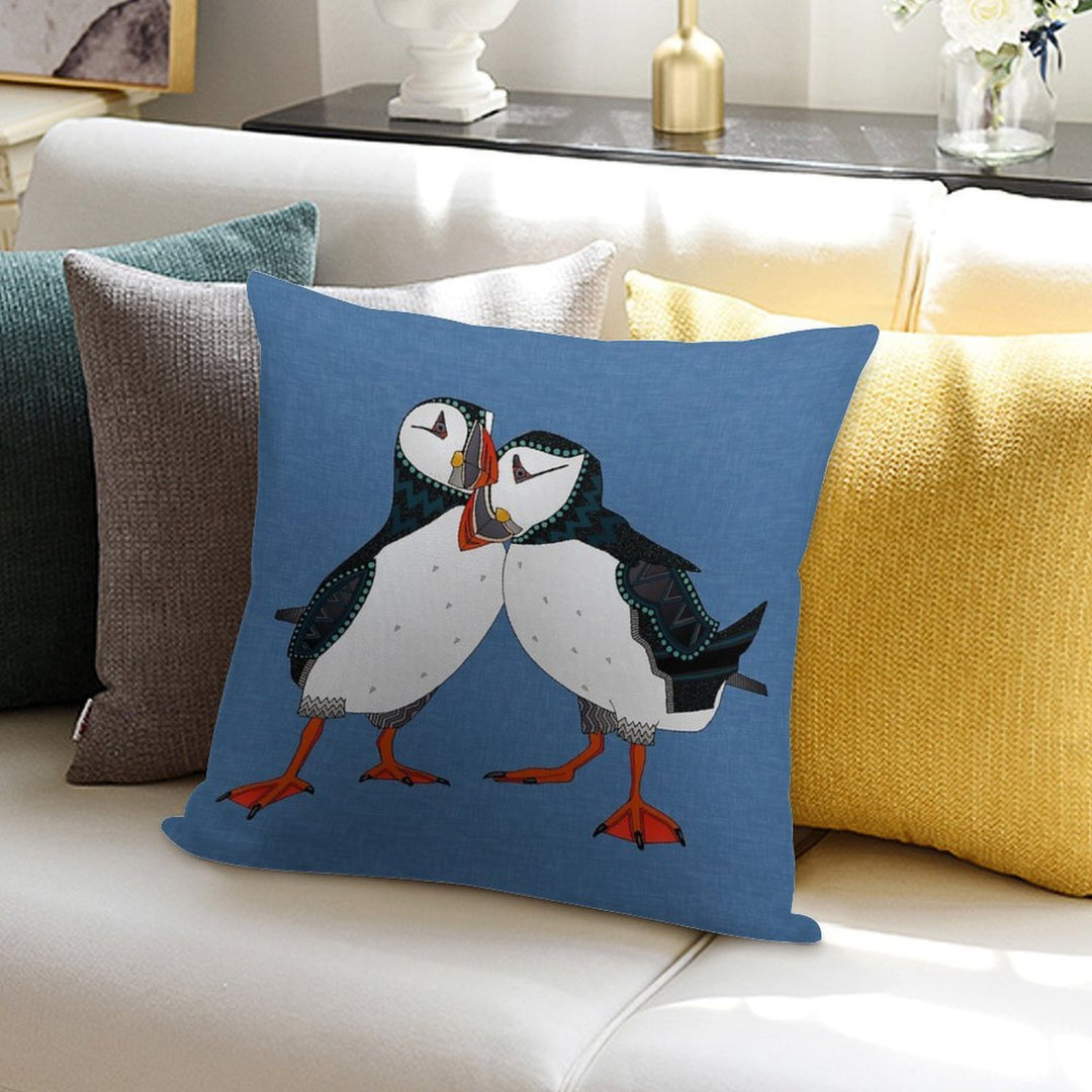 Puffin Pair Blue Soft Decorative Cover Throw Pillow