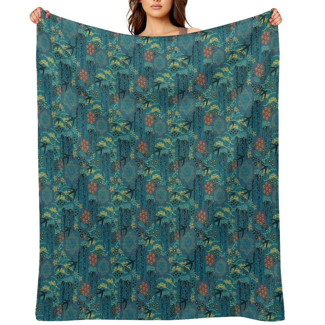 Japanese Garden in Teal Gold Red And Black Wrinkle-free Throw Blanket