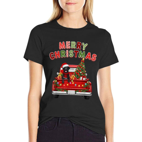 Black Lab Labrador Dog Red Truck Merry Christmas Lights Xmas Comfortable T-Shirt