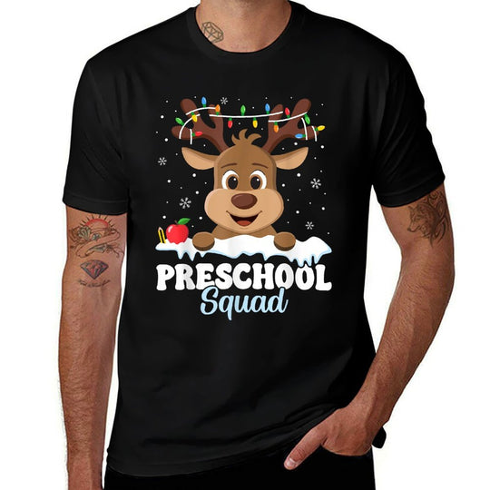 Preschool Teacher Christmas Preschool Squad Reindeer Xmas  Ribbed Collar T-Shirt