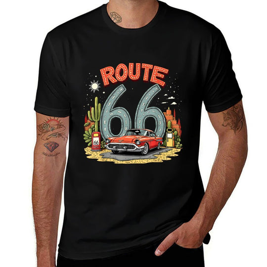 Desert Road Trip Route 66 Design with Classic Red Car  Polyester Blend T-Shirt