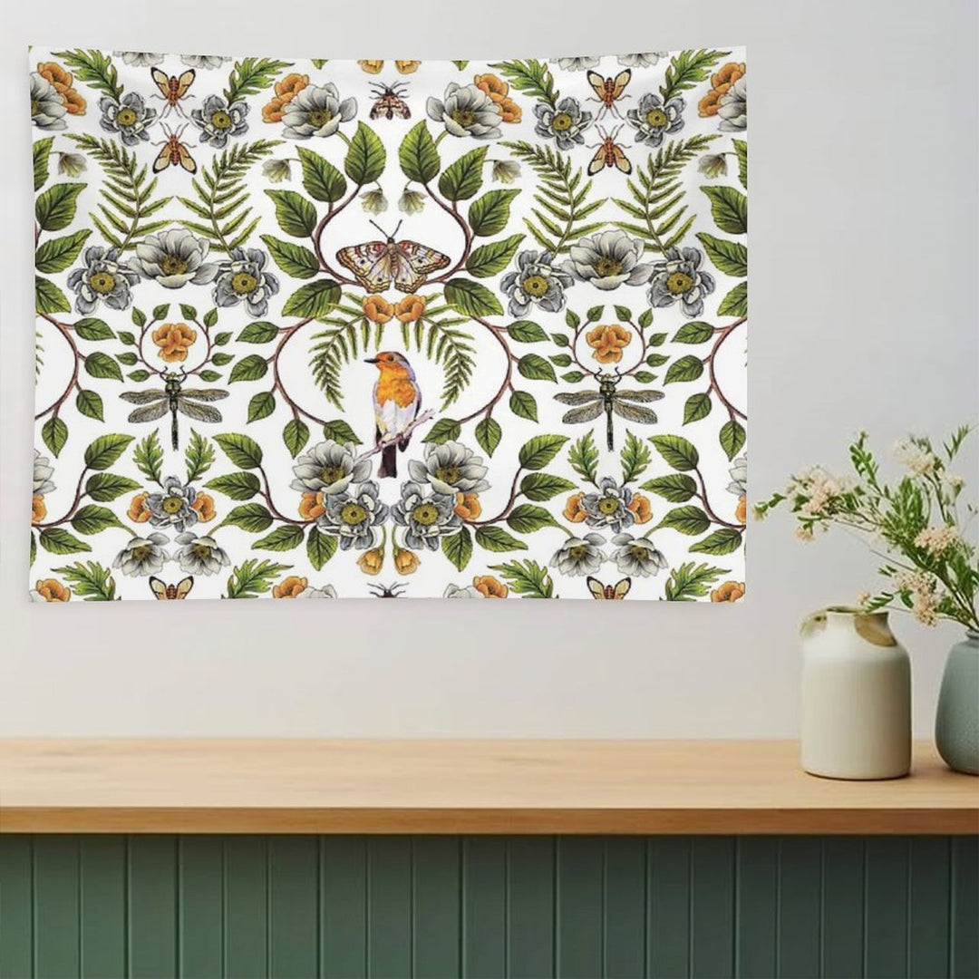Spring Reflection - FloralBotanical Pattern W Birds, Moths, Dragonflies & Flowers Tapestry