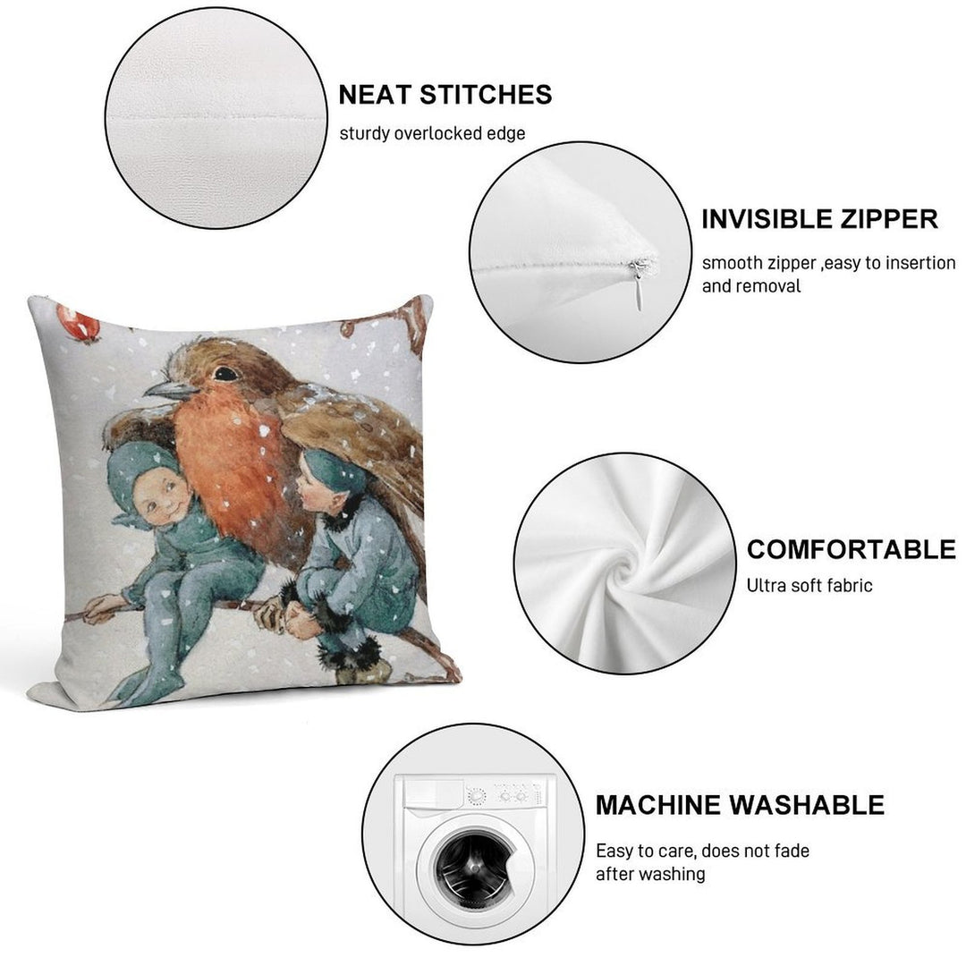 Christmas Elves Sheltering with A Robin - Margaret Tarrant Soft Ultra-Soft Texture Throw Pillow
