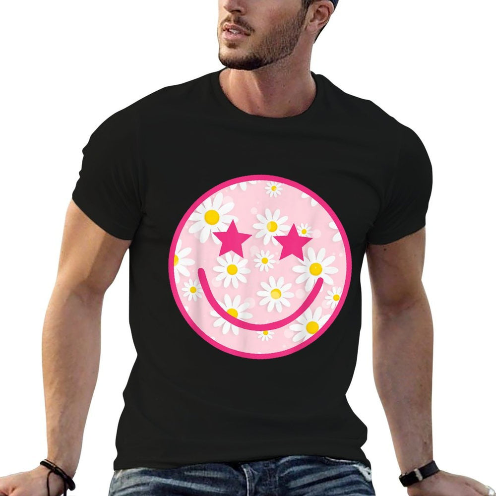Funny Pink Happy Face Daisy Flower Smile Face Trendy  Stretchy T-Shirt